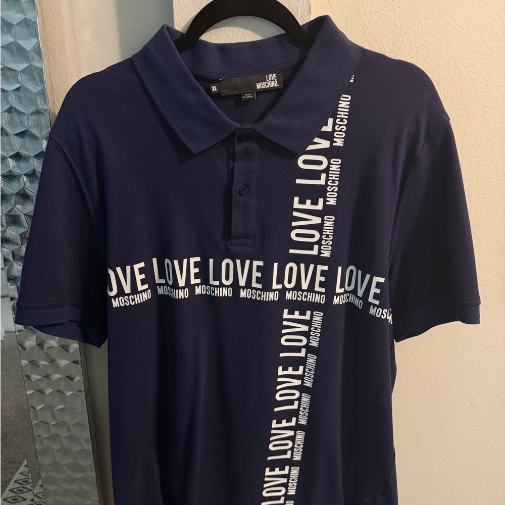 Love Moschino Navy Polo with White LOVE Logo Stripes